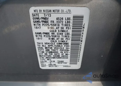 2013 Nissan Rogue Sv W/Sl Pkg from USA, damaged, VIN JN8AS5MV5DW656896